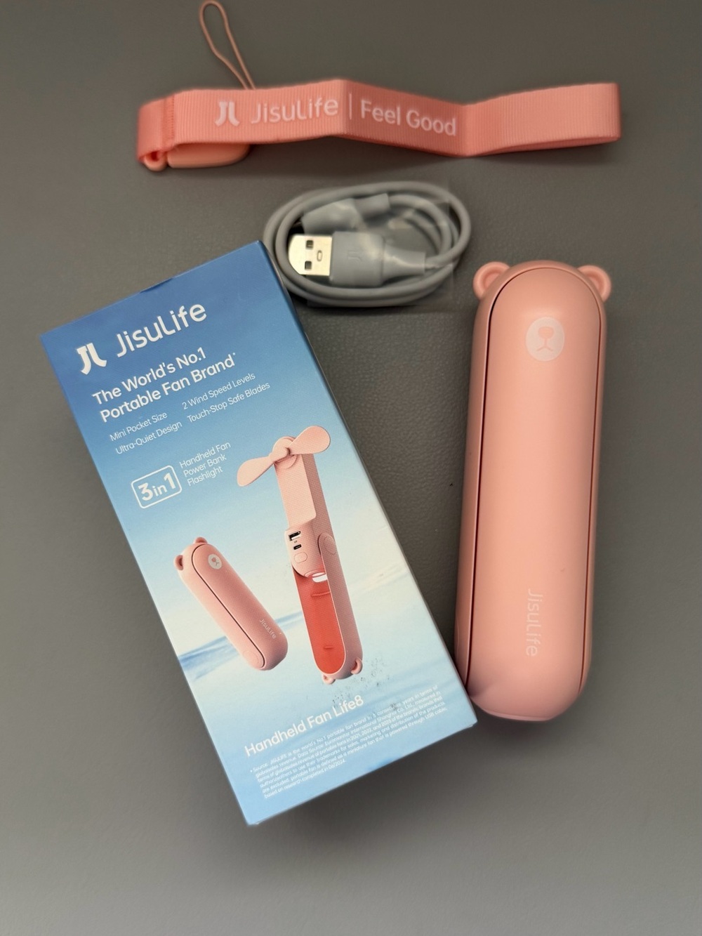 Cute Pink 3 in 1 Portable Handheld Fan, power bank and flashlight